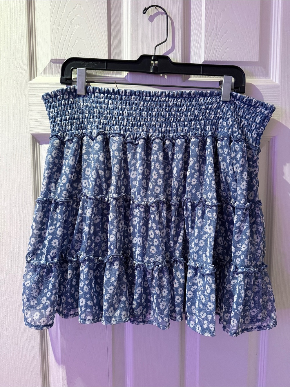 Blue Floral Smocked Tiered Mini Skirt